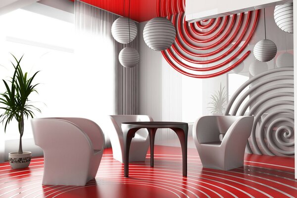 Design d intérieur intéressant trois chaises et une table sur le rouge