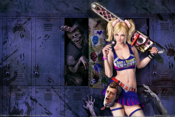 A girl with a chainsaw on the background of school lockers