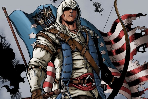 Assassins warrior on the background of a wounded American flag