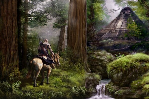 Assassins creed rider in the forest opposite the pyramid