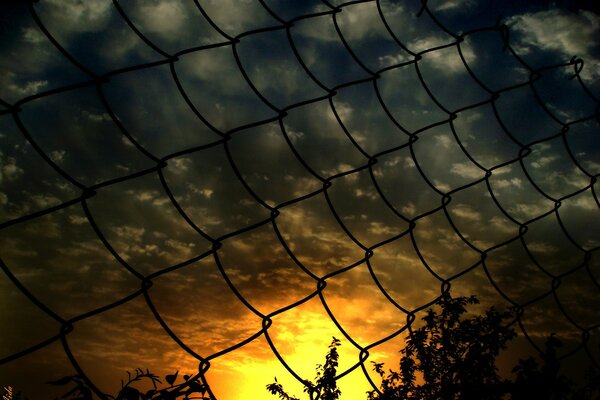 Coucher de soleil à travers la grille de clôture