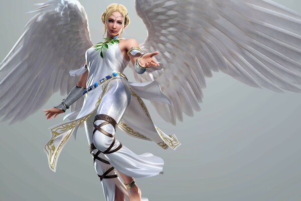 Biały anioł z rozpostartymi skrzydłami na szarym tle