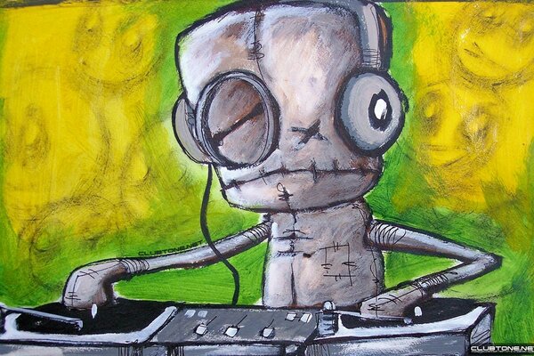 A painted alien DJ without an eye