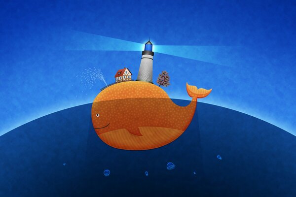 A large orange whale holds a lighthouse