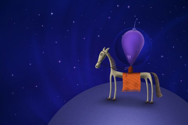 An alien on a horse against the background of the starry sky