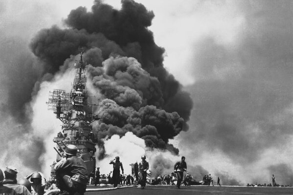 A fire on an aircraft carrier during the war