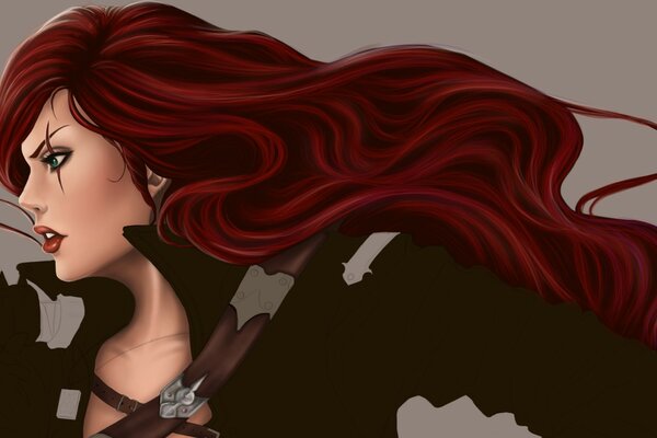 A girl with red hair is depicted on a gray background