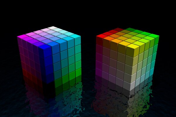 Multicolored cubes are reflected in the dark surface