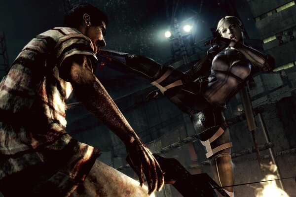 Captura de pantalla del juego en el que la batalla de las niñas Jill Valentine de la morada del mal y los hombres