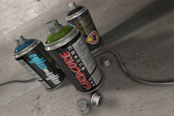 Spray cans with multicolored paint and plugs