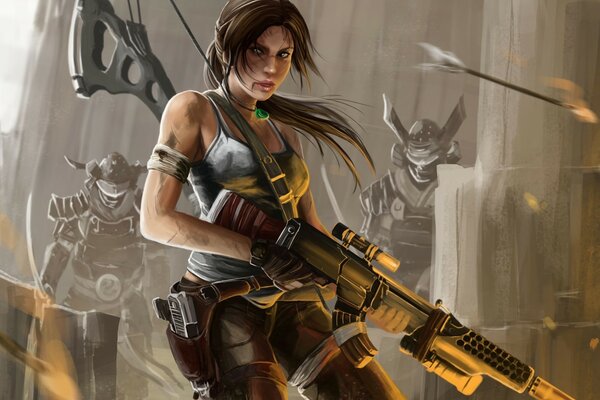 Zeichnung mit Lara croft mit einem gewehr in der hand