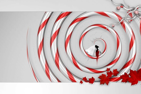 Red and white spiral with leaves and a girl