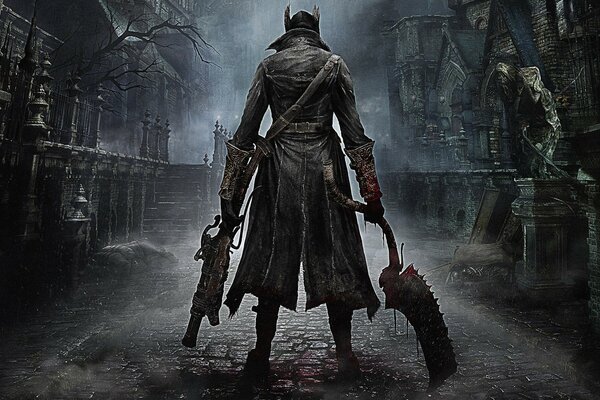 Personaggio di Bloodborne in una città vuota