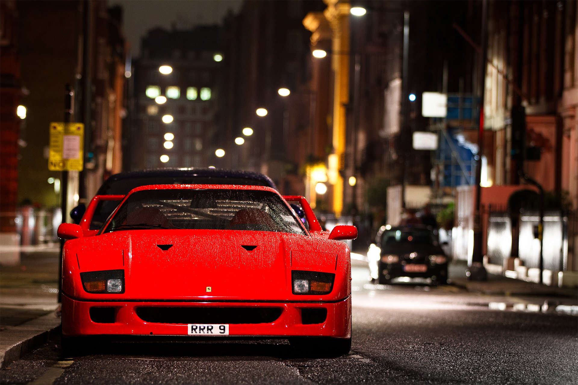 ferrari f 40 город ночь улица мокрая капли