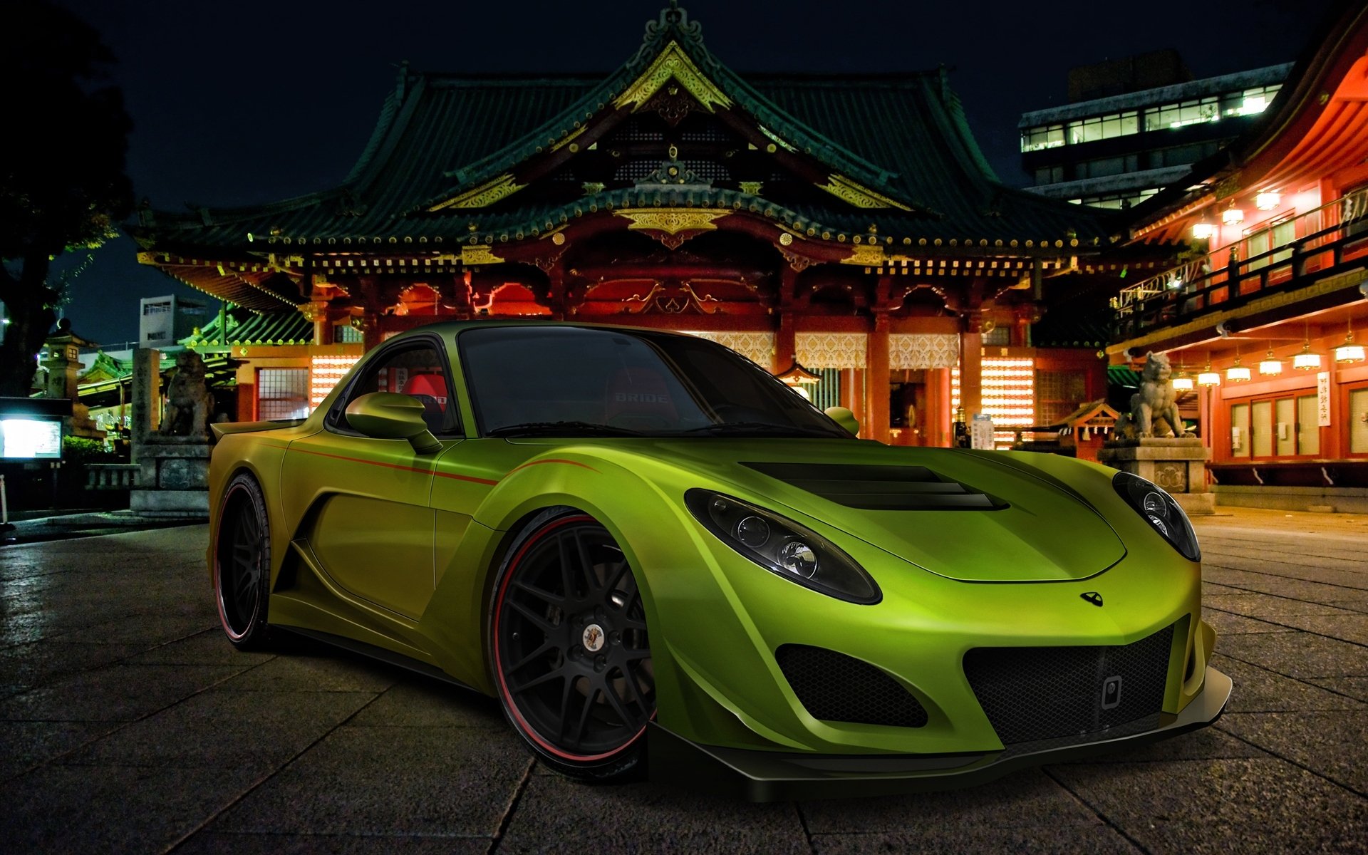 mazda rx-7 japón verde coche auto calle noche mazda rh-7 coche