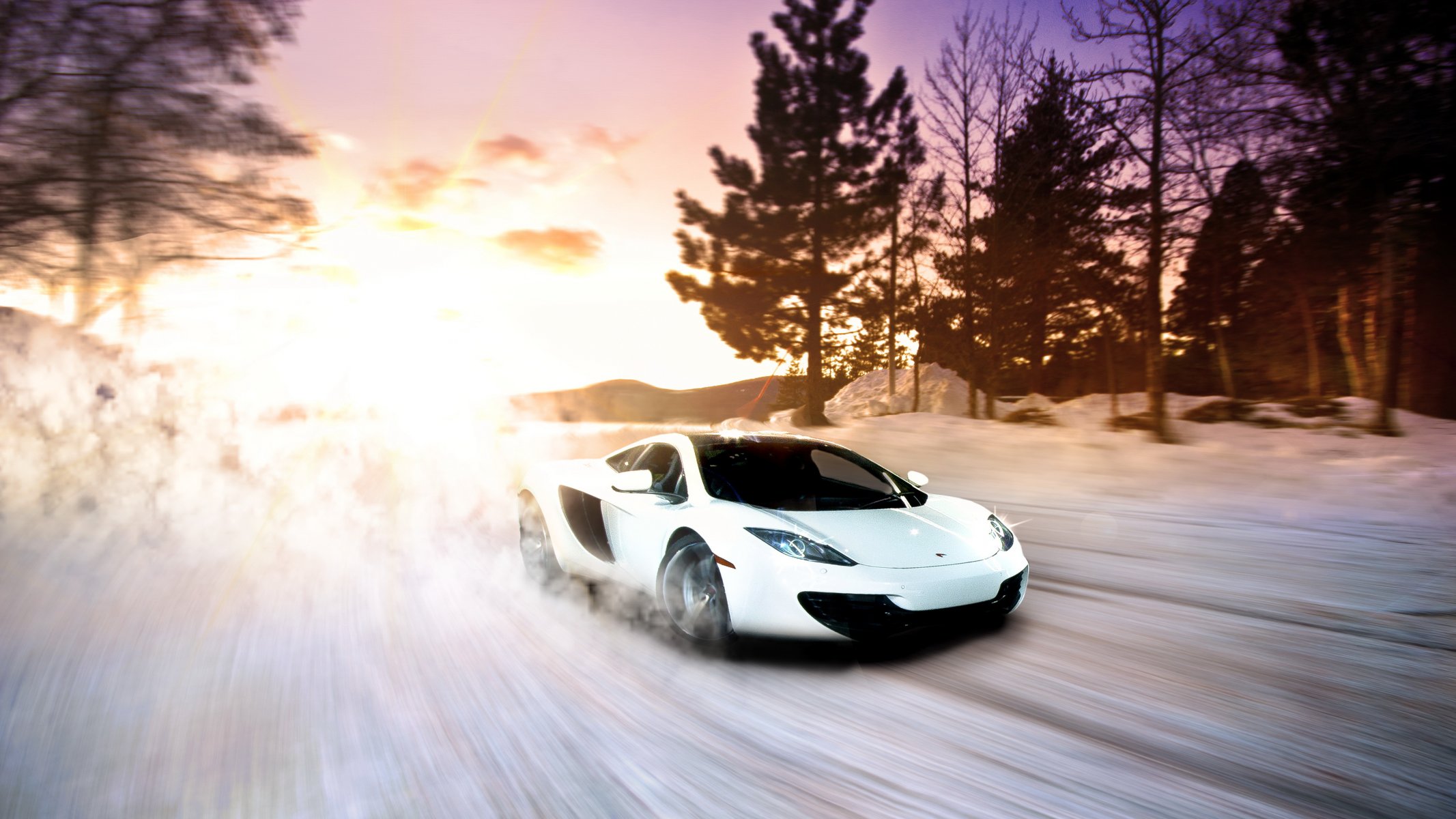 mclaren mp4-12c neige supercar coucher de soleil hiver blanc exotique sportif rapide