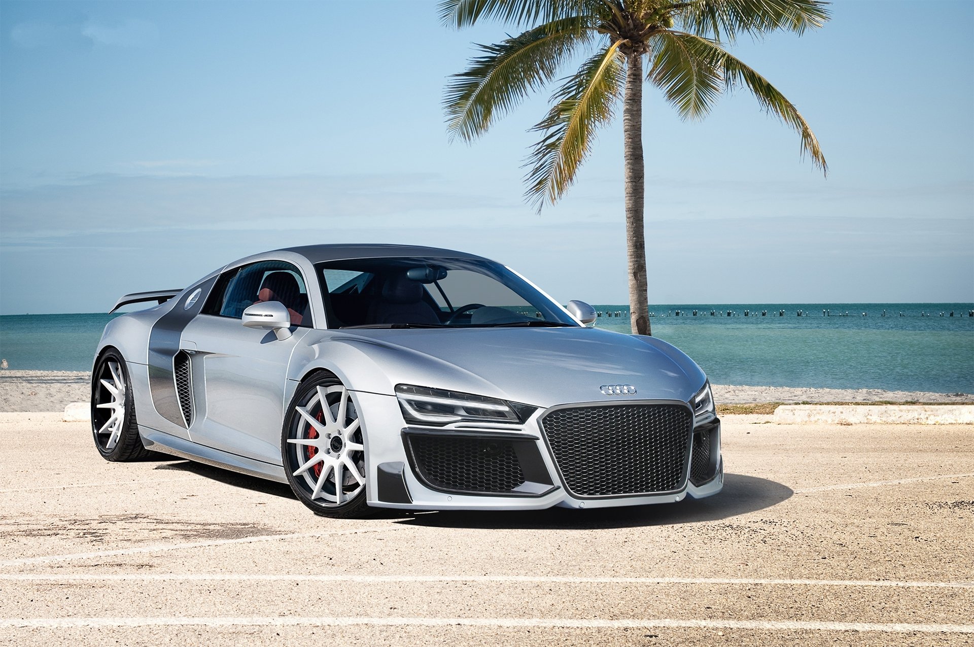 audi r8 silver audi sports car silver palm ocean