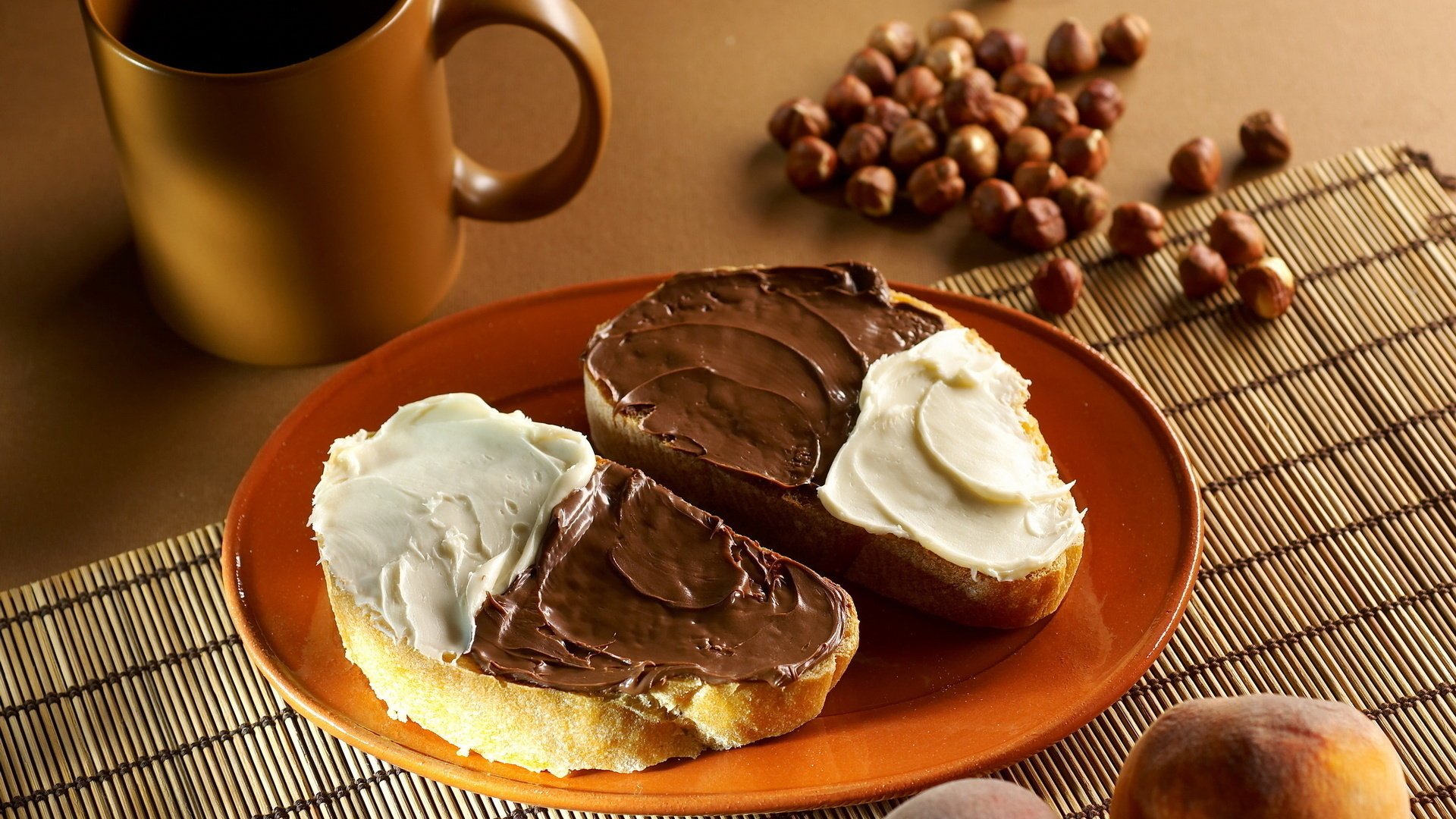 bread food nuts cup plate cream chocolate food bread