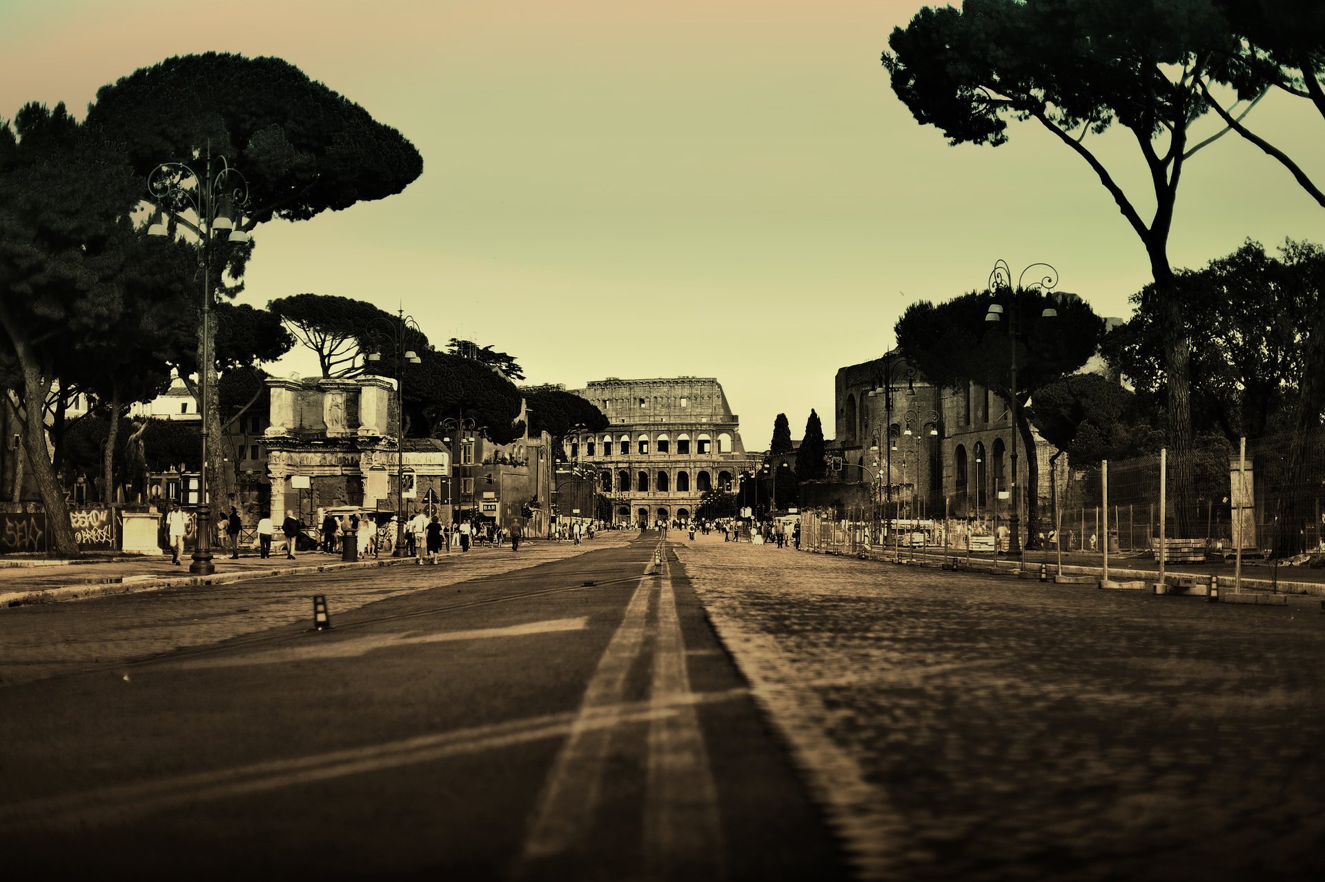 rome street italy road the city people colosseum tree