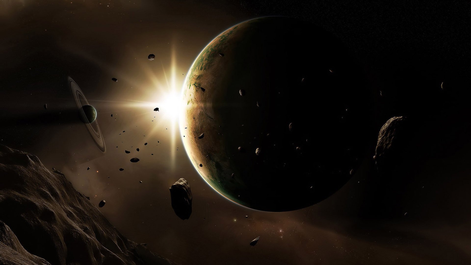 espacio asteroides meteoritos resplandor planetas luz