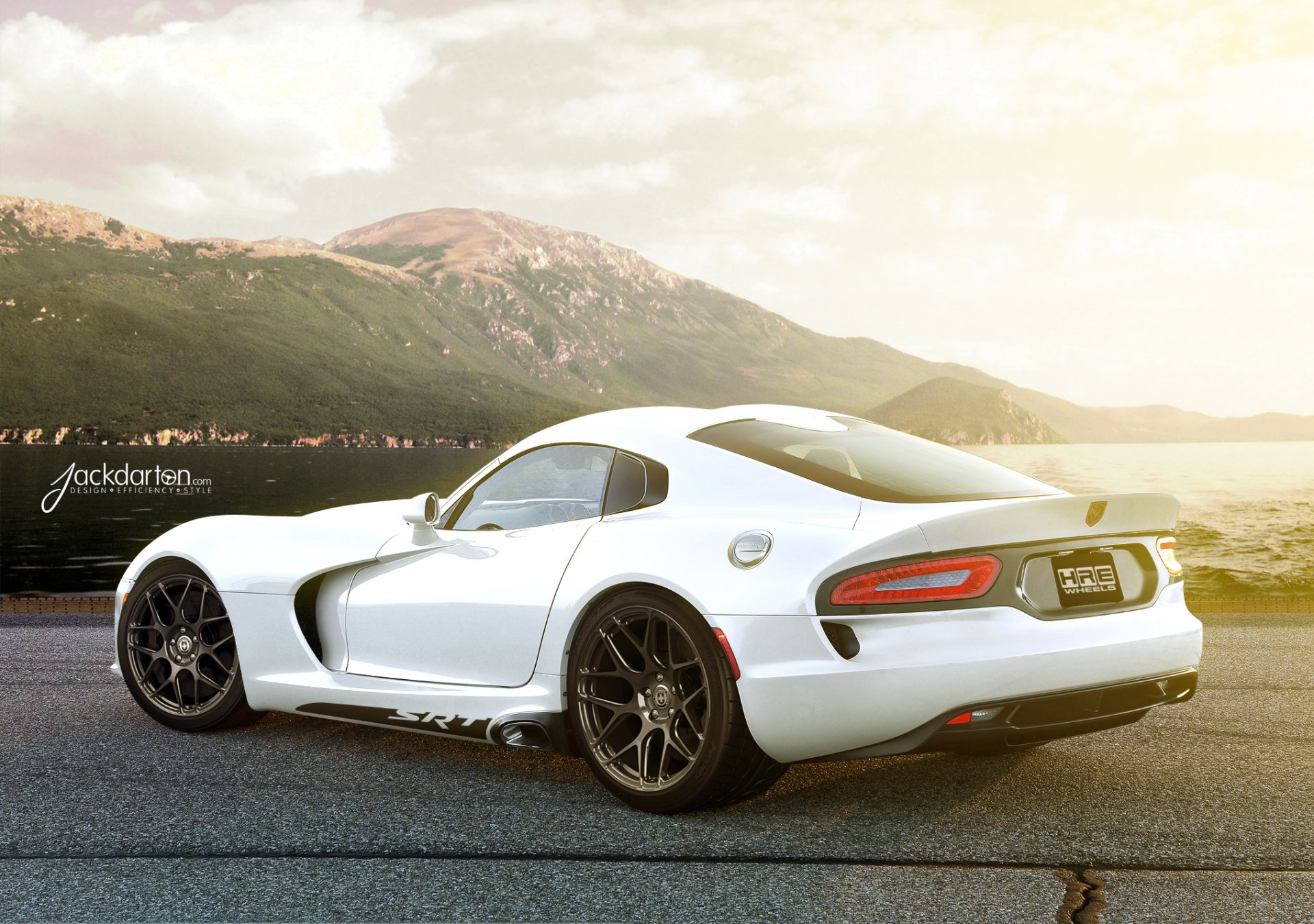 schivare cento viper gts bianco posteriore jackdarton dodge viper riva montagna sole bagliore