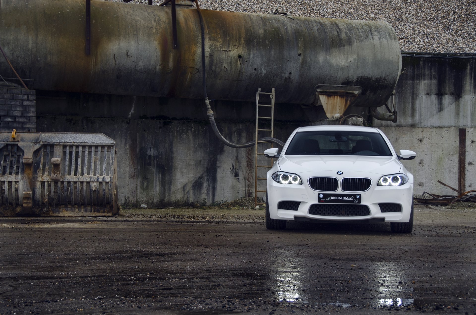 bmw m5 f10 white bmw front asphalt wet reflection