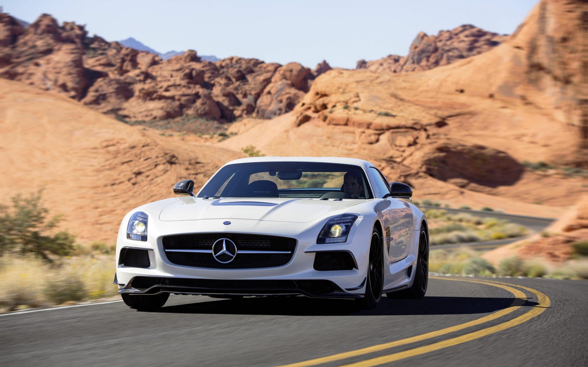 mercedes-benz sls amg negro serie blanco frente desierto mercedes coche coche deportivo