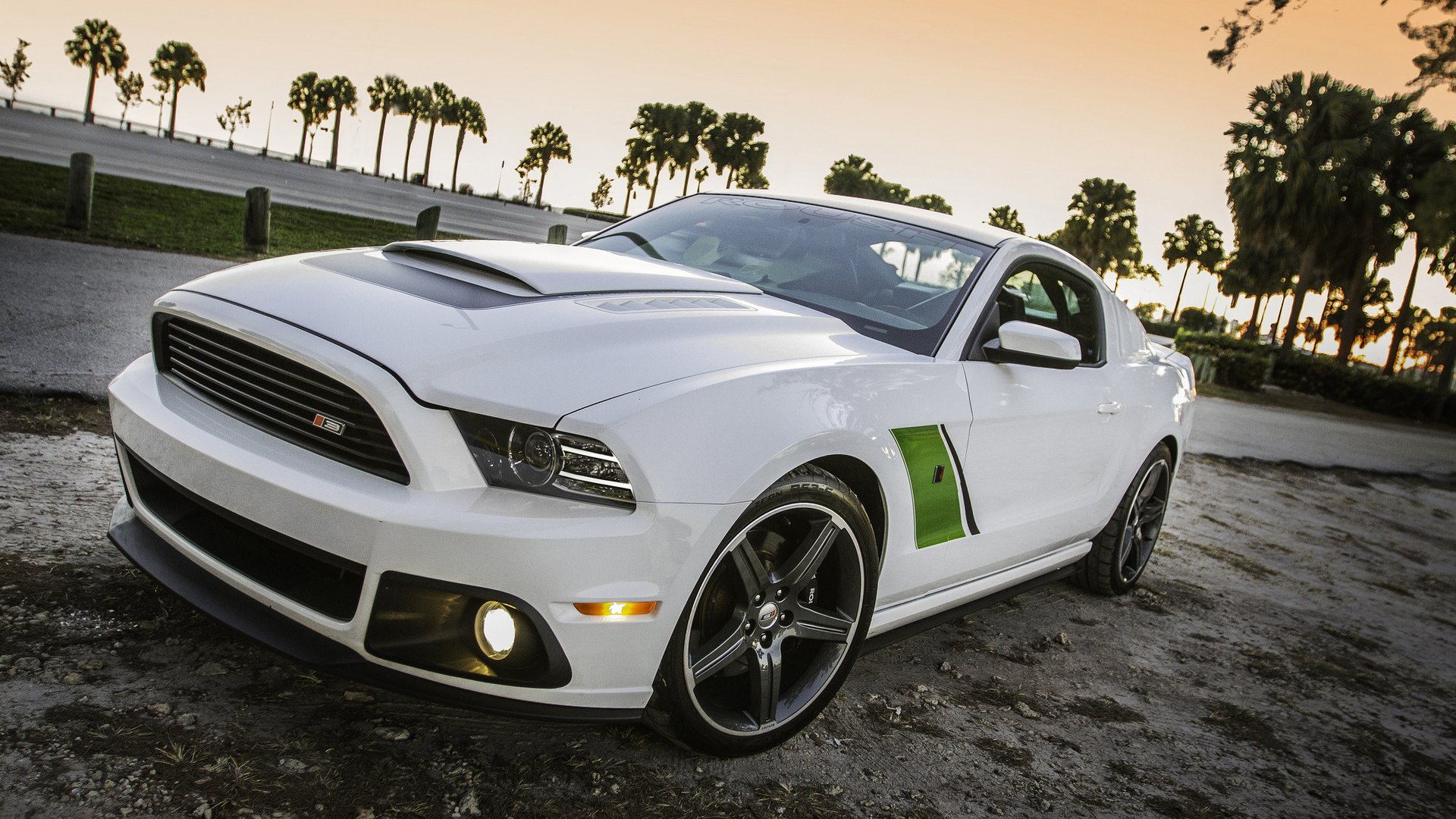 ford mustang roush rs3 white drives green stripes muscle car car oil