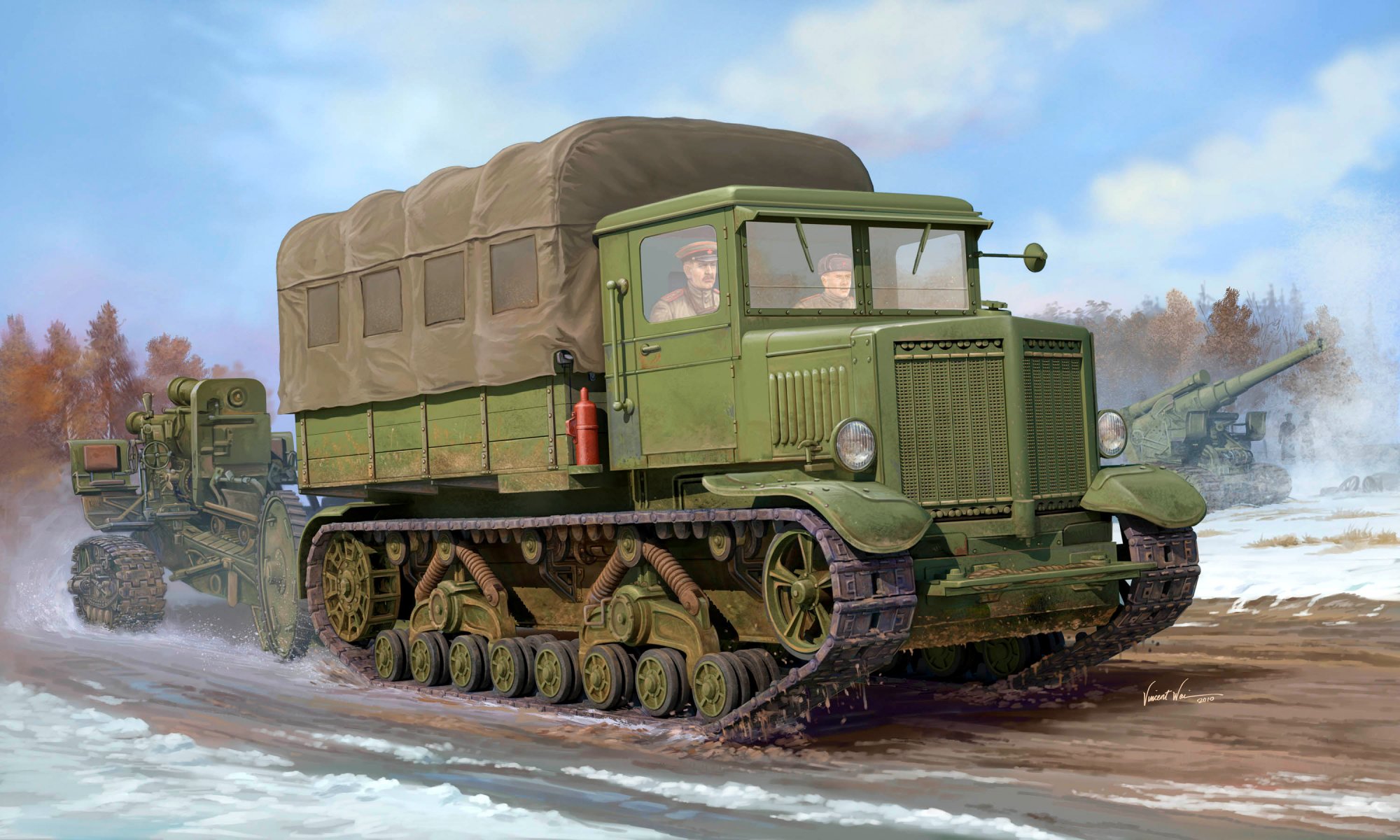 kunst transporter artillerie zugmaschine woroschilowez sowjetisch leistung motor b-2b 375 ps 12-zylinder schleppt schwer haubitze b-4 kaliber 203 mm reichweite schießen 18025m udssr weltkrieg ww2 künstler vincent vai