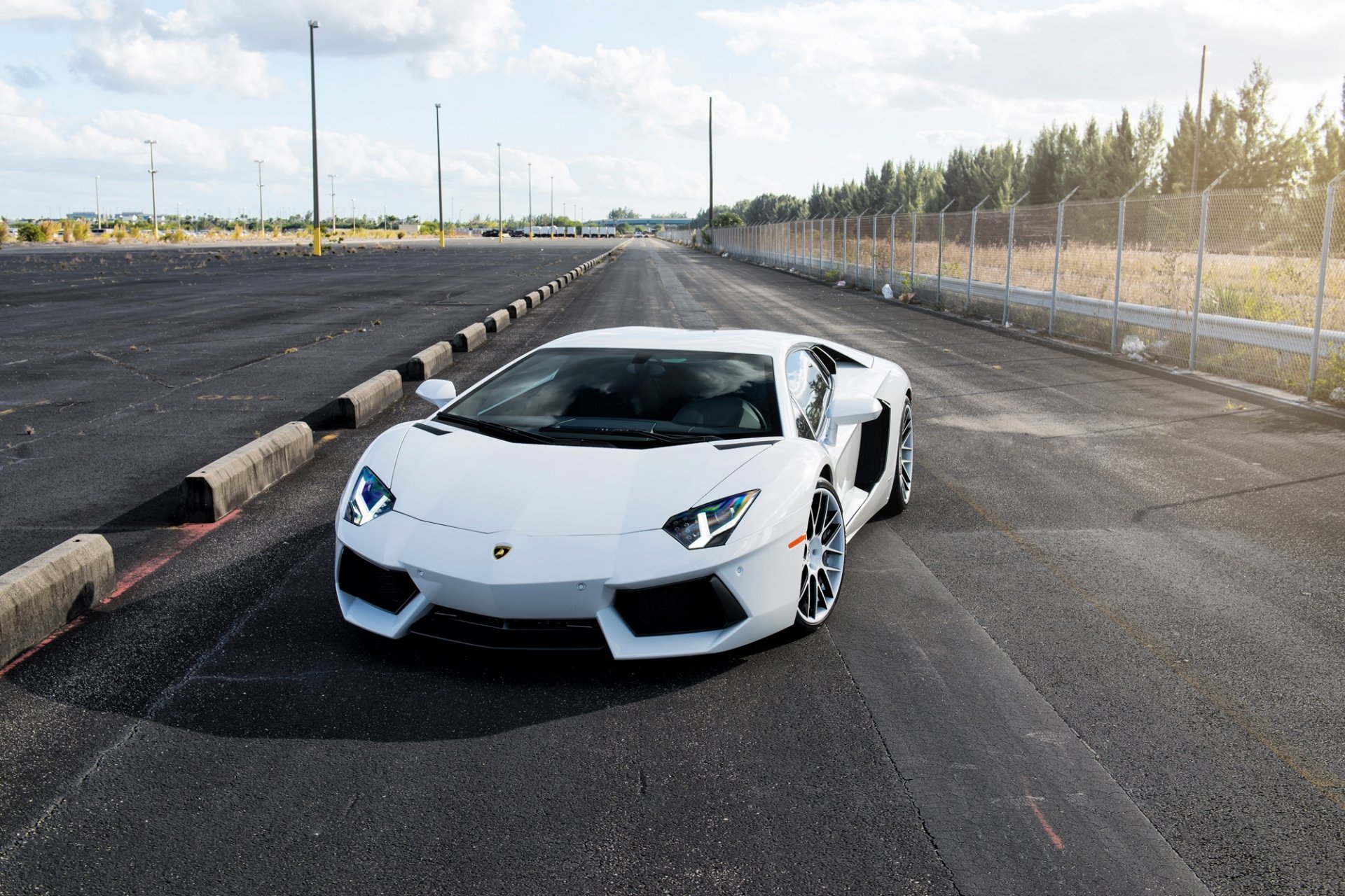 lamborghini aventador lp700-4 blanco lamborghini aventador vista frontal faros carretera barandilla cielo nubes