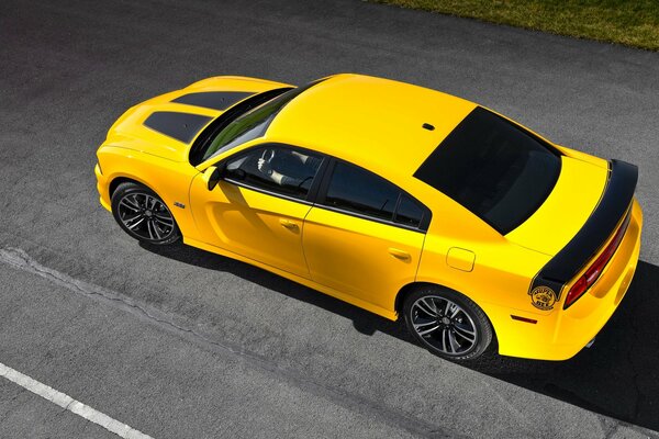 Dodge giallo che corre sull asfalto grigio 