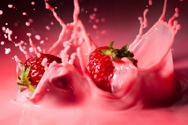 Fraise juteuse dans le lait