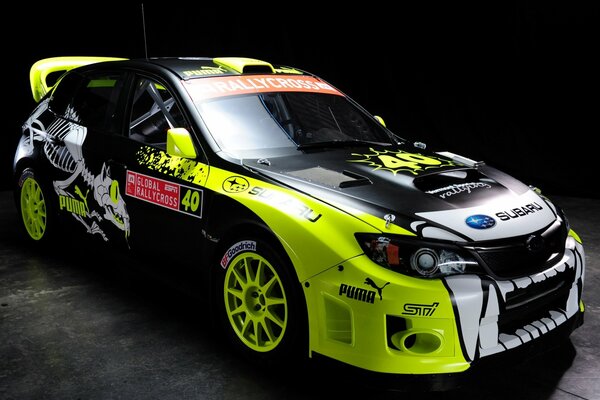Photo of a Subaru Impreza racing car in rally paint