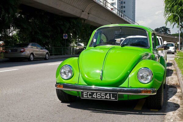 Juicy green beetle car on a city street