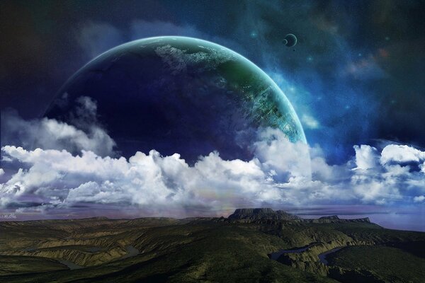 Fantastic art. The surface of the planet and clouds. Planets in the sky