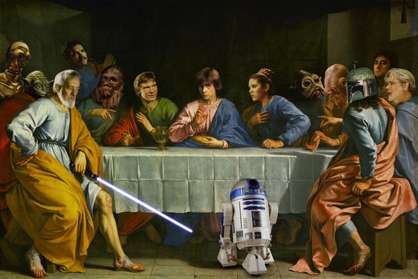 Star Wars con otros personajes y personas en la mesa