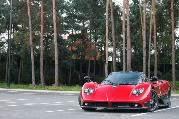 Red Pagani Probe in the parking lot. Plant trees