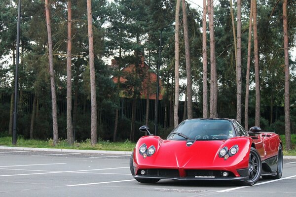 Sonda Pagani rossa nel parcheggio. Sali sugli alberi