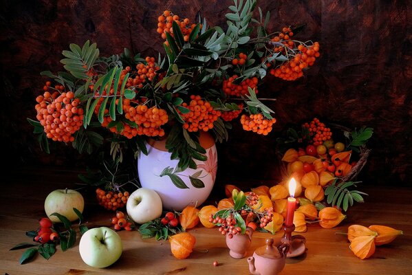 Still life rowan physalis and apples