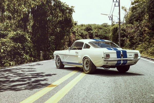 Coche de carreras retro con rayas azules