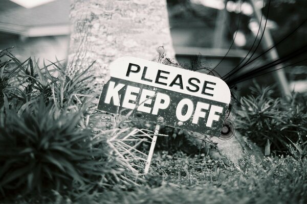 A sign in the grass in black and white style