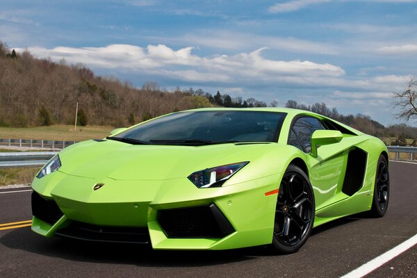 Vert Lamborghini Aventador sur la route