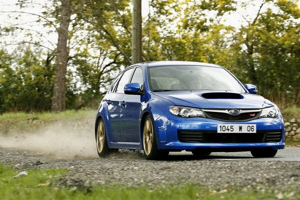 Subaru Impreza blu cavalca vicino alla foresta