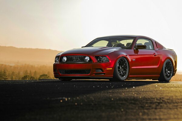 Ford mustang gt, en medio del amanecer