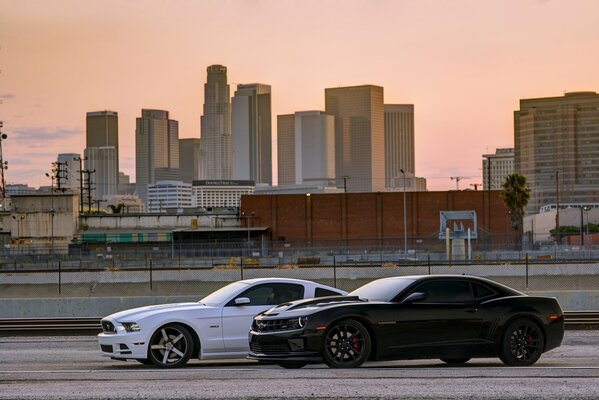 Ford y Mustang, conduciendo por la carretera de la ciudad al atardecer