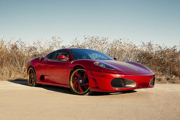 Roter Ferrari mit steilen Felgen am Feld