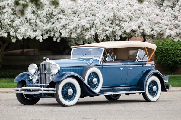 Retro Lincoln mobile on a background of white flowers