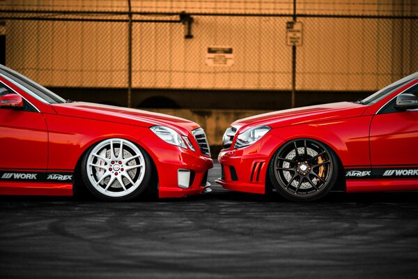 Two red Mercedes at close range