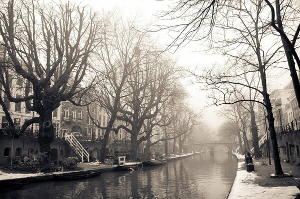 Winter Asterdam. Bridge over the river. Fog