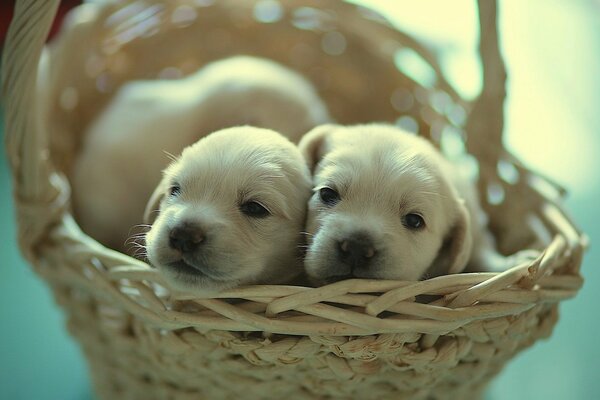 Newborn white puppies in a basket